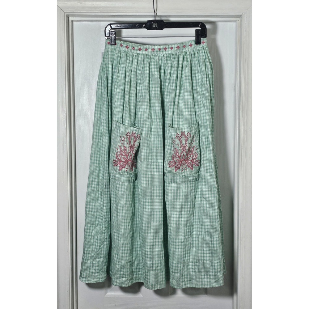Fanm Mon Tablas Skirt Small Plaid Green Embroidered Pleated Pockets Patchwork
